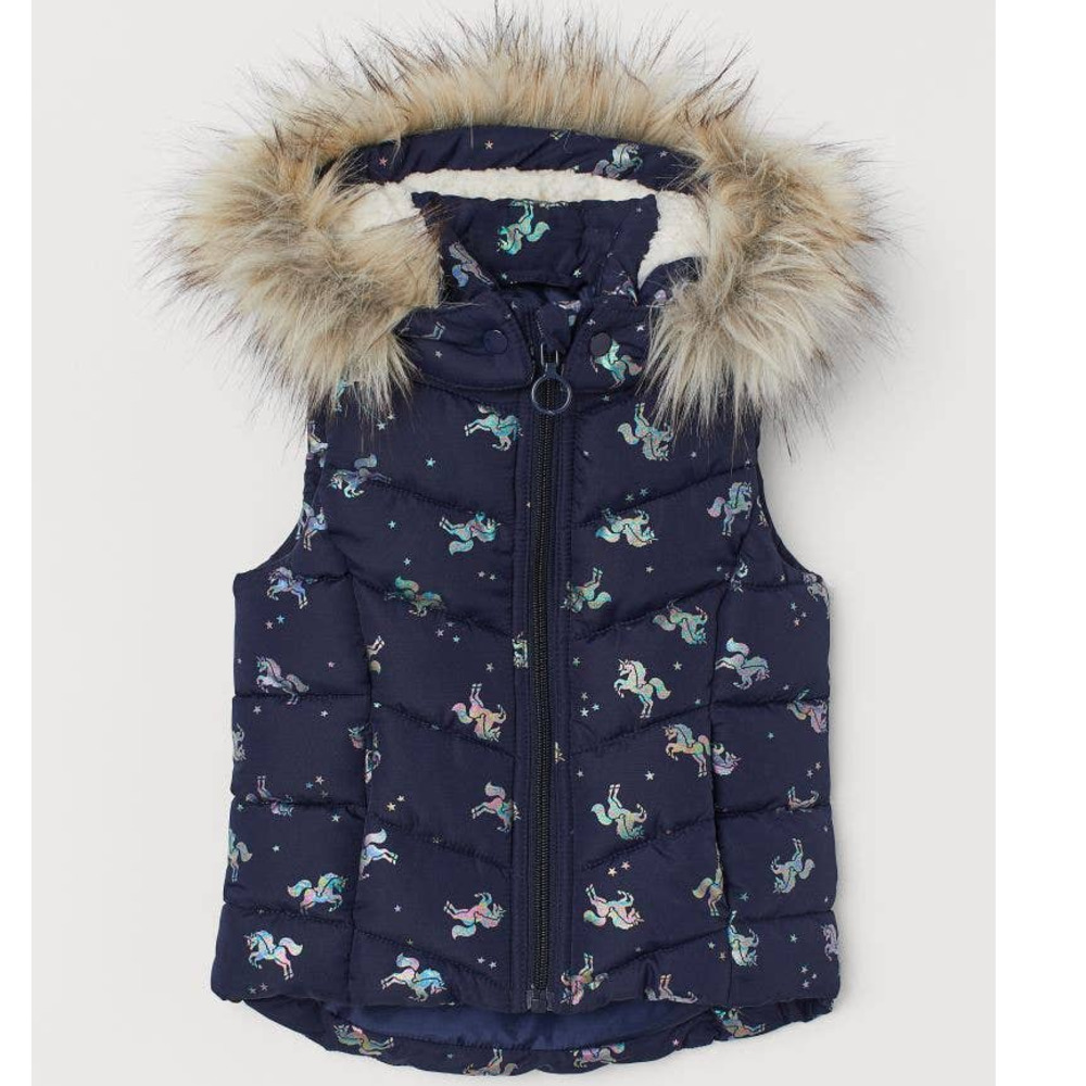 H&M Navy Blue Unicorn Fleece Line Puffer Vest with Fur Lined Hood • Sz 2-4Y 🗣